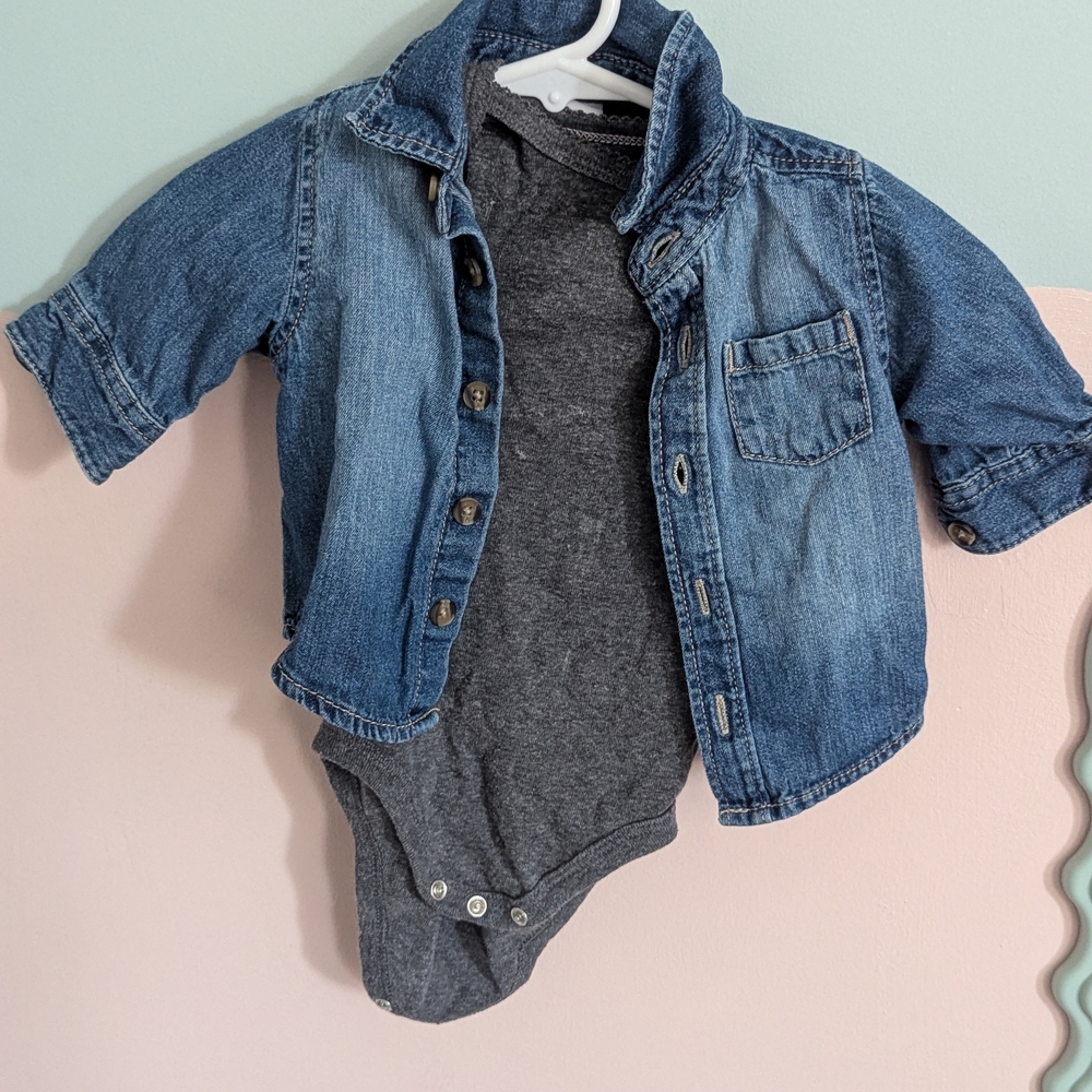Cloud Island Blue Denim Jacket with Gray Bodysuit